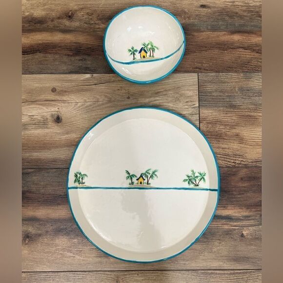 Hand crafted serving plate and bowl tropical graphic design spring Summer party - Picture 2 of 9